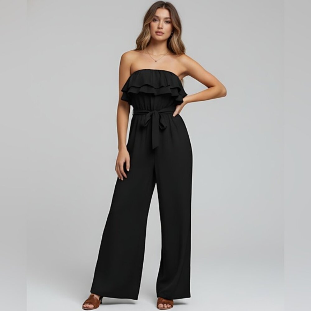 Ruffled Strapless Belted Jumpsuit Black